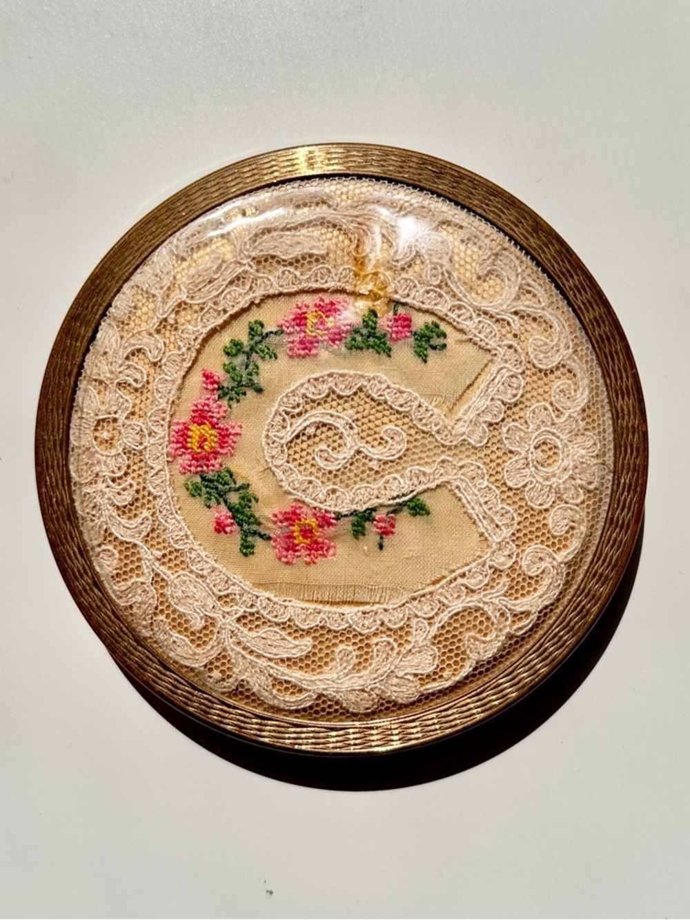 Antique floral custom lace embroidered  monogram Stratton powder compact